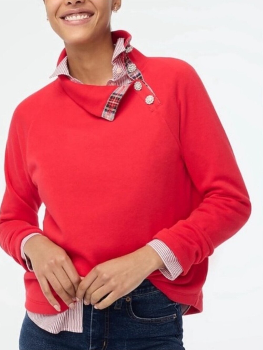 J. Crew Red Crystal Button-Shoulder Turtleneck Fleece Sweater Plaid Detail